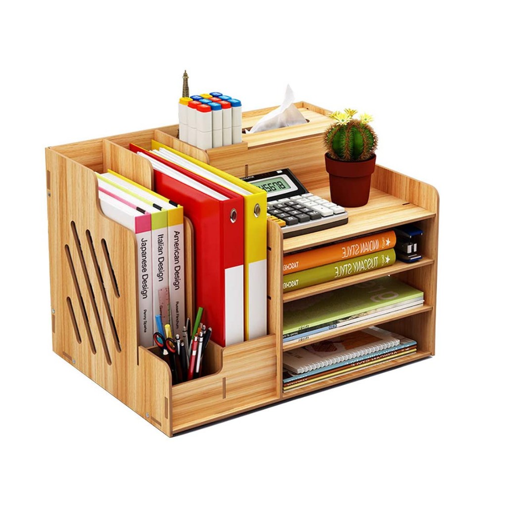 Wooden Desk Organizer, Large Capacity DIY Office Supplies Storage Box