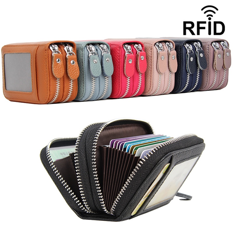 Genuine top leather RFID antitheft brush ladies wallet organ card
