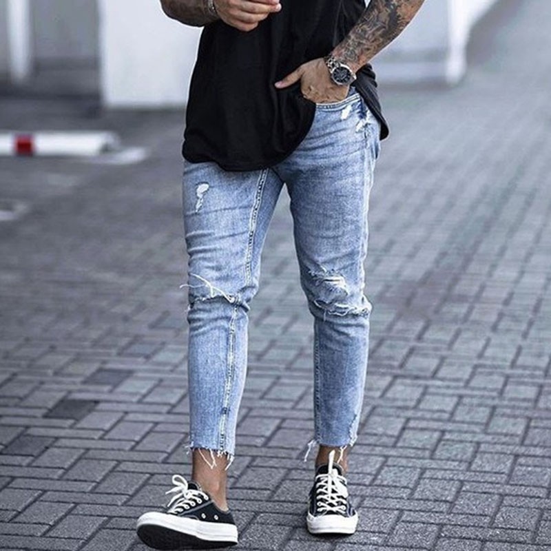 Casual Skinny Jeans Ankle Length Ripped Denim Pant Zipper Fly Men Clothing Cut Bottom Pencil Pant Li Shopee Philippines