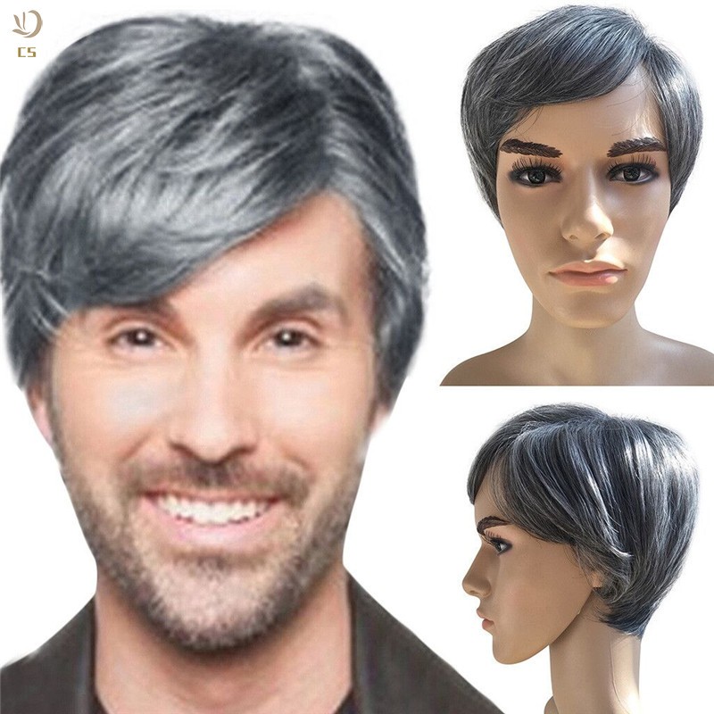 Men Mixed Color Wigs Short Hair Natural Black White Synthetic Hair