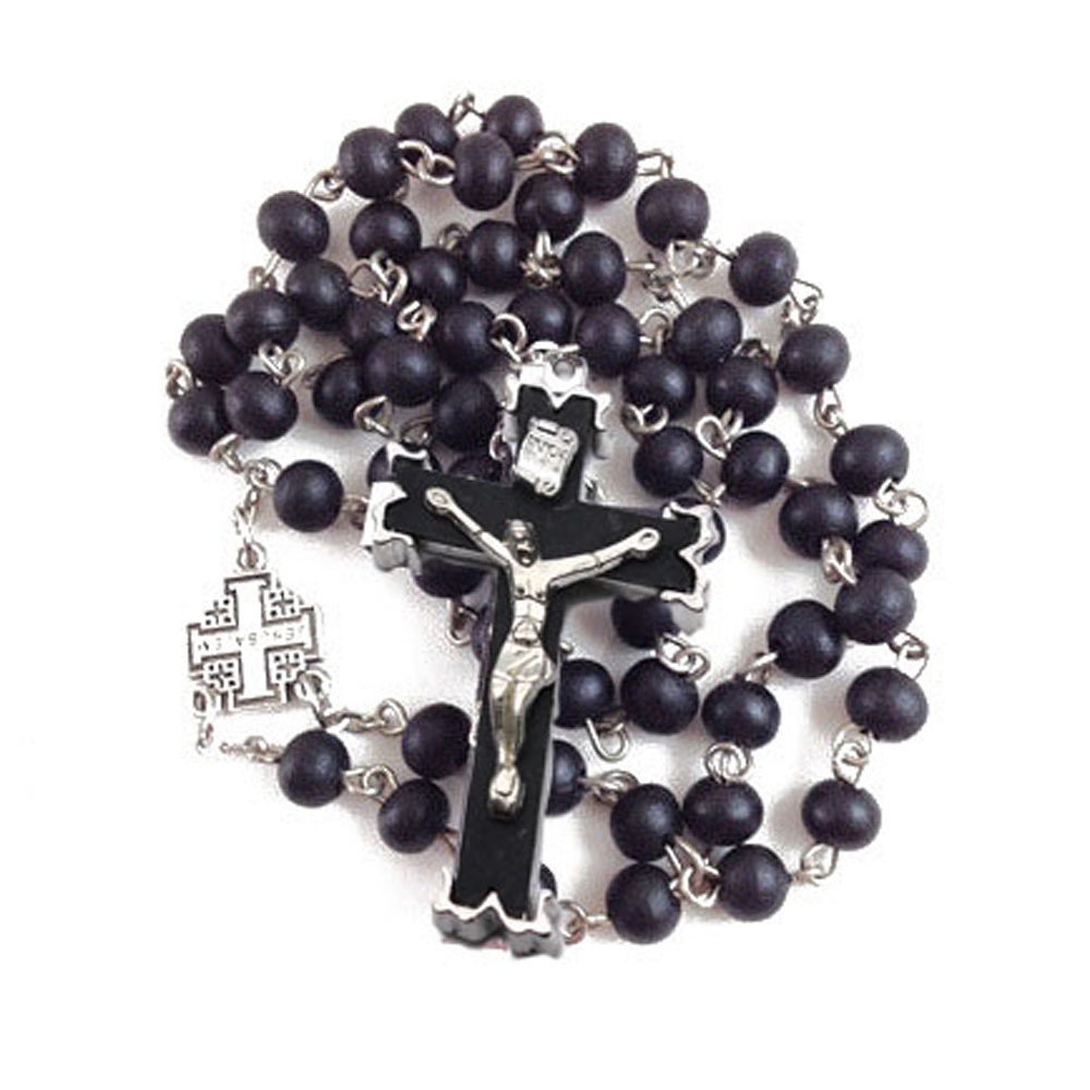 Black Rosary Wooden Beads Cross Necklace 29" Long 