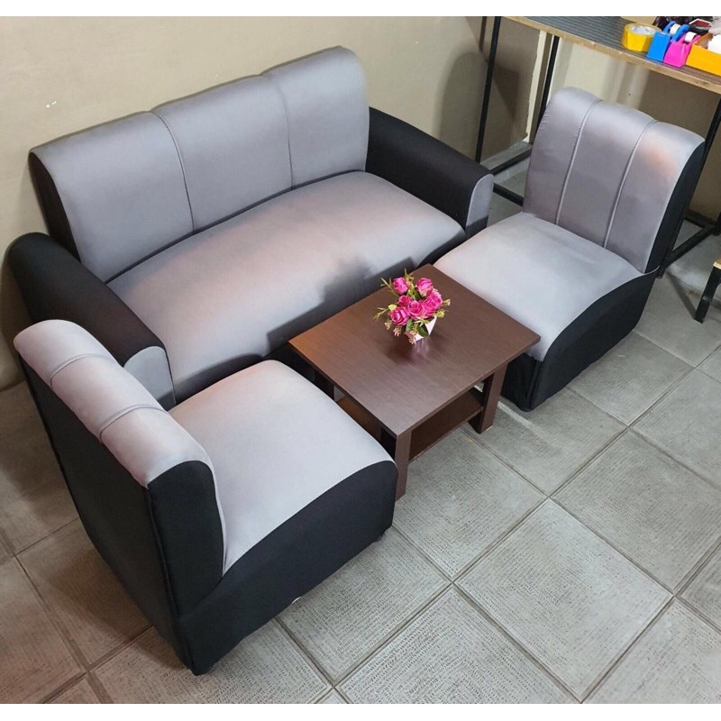 Sofa Set Grey Fabric With Wood Center, 5 Seater Sofa Set With Center Table Wooden