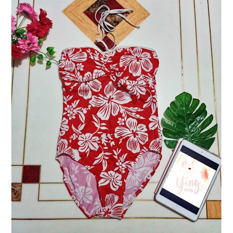 One Piece Red White Floral Swimsuit Swimwear Medium Shopee Philippines