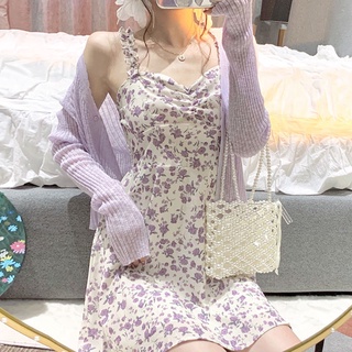 Broken flower condole dress suit female new  outfit thin money all match Summer New Style Korean sexy casual dress dresses for women two sets Floral Print Strappy Dress+Knitted Sun-Proof Cardigan Fashion Temperament