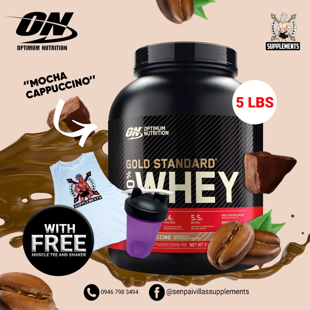 OPTIMUM NUTRITION GOLD STANDARD 100% WHEY PROTEIN MOCHA CAPPUCCINO 5LBS WITH FREE SHAKER AND 