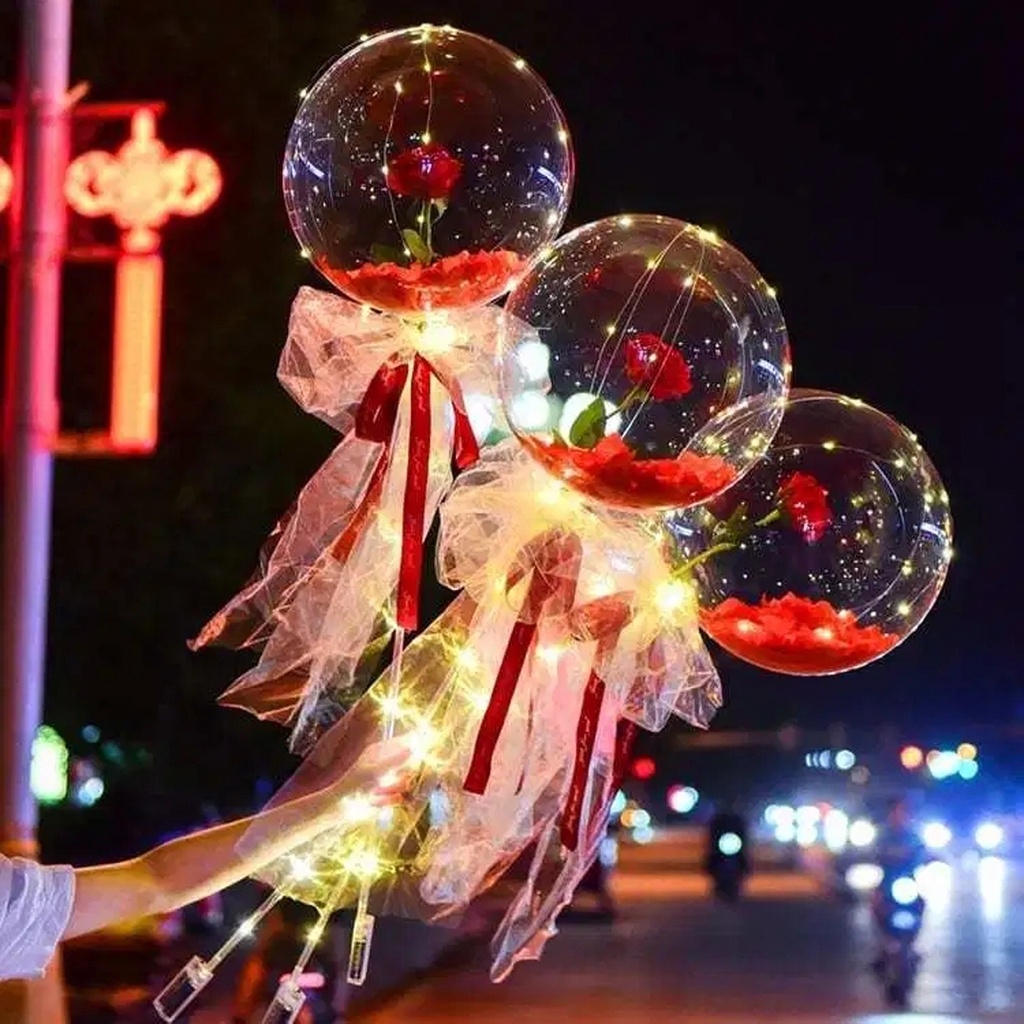 1Set DIY LED Luminous Balloon Rose Bouquet Transparent Bobo Ball Rose For Valentines Day Gift Birthday Party Wedding Decoration Balloons