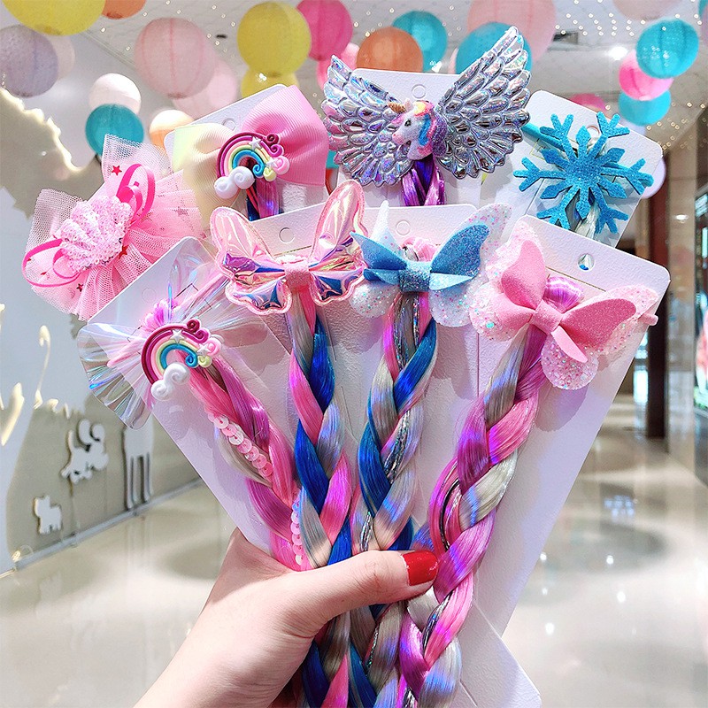 1PCS New Cute Princess Headwear Fashion Colorful Baby Kids Unicorn Wig Hairband Bowknot Girl Ponytail Braided Hair Tie Accessories Hairband
