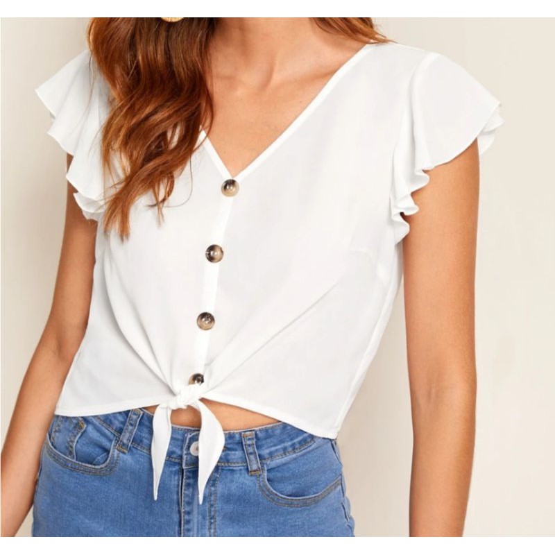 SHEIN Plain White with Flutter Sleeves Crop Top ( Medium ) Shopee