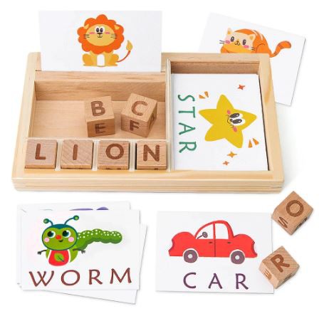 JMDYS Matching Letter Game Wooden Letter Blocks Alphabet Card Game Preschool Puzzle Learning Alphabet Words Spelling Letter Block Word Spelling Games for Kids 