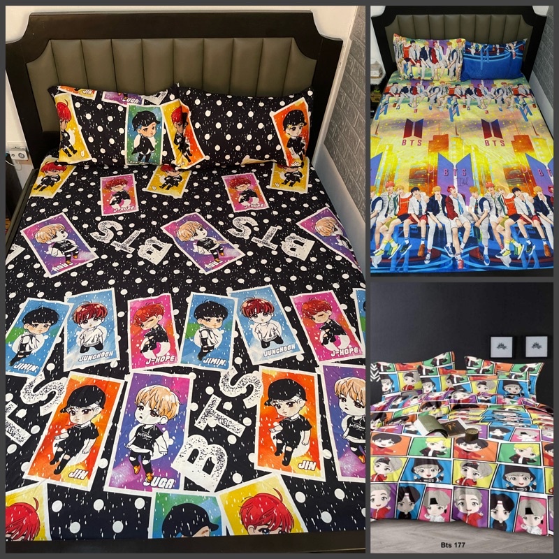 BTS Design 3 in 1 Canadian Cotton Bedsheet Set 2 Pillowcase 1 Bedsheet