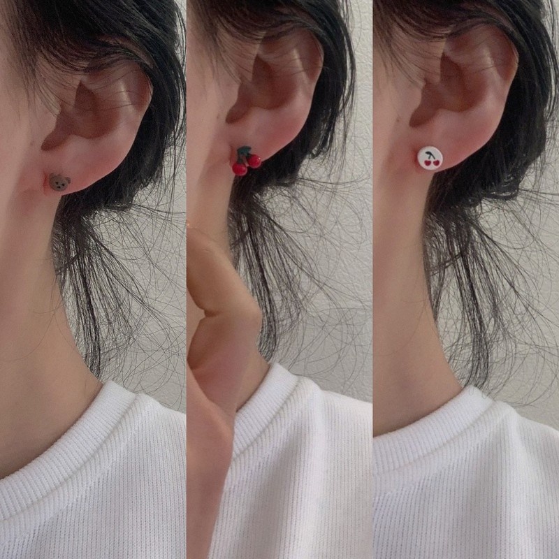 6Pcs/lot 925 Silver Cute Cherry Bear Earrings for Cute Lovely Girls