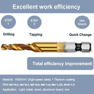 6Pcs Tap Drill Bit Set, M3-M10 HSS Titanium Combination 1/4” Hex Shank Screw Thread Metric Tap Drill #6