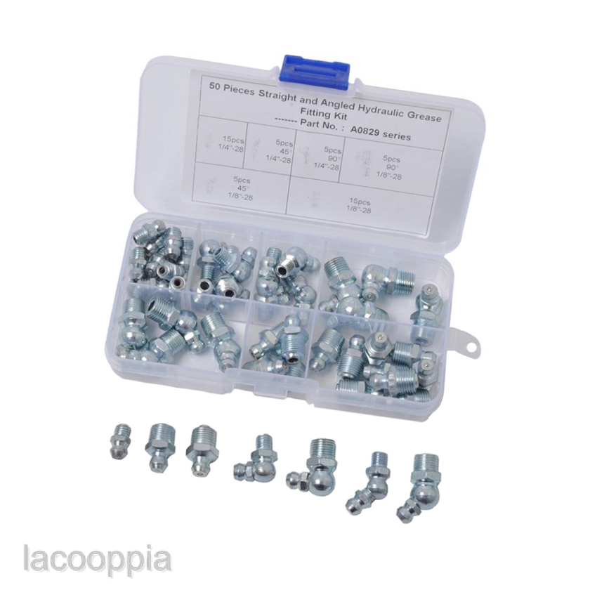 Set of 50 Grease Zerk Fitting Tool SAE Kit 1/4\" 1/8\" Straight 90 45