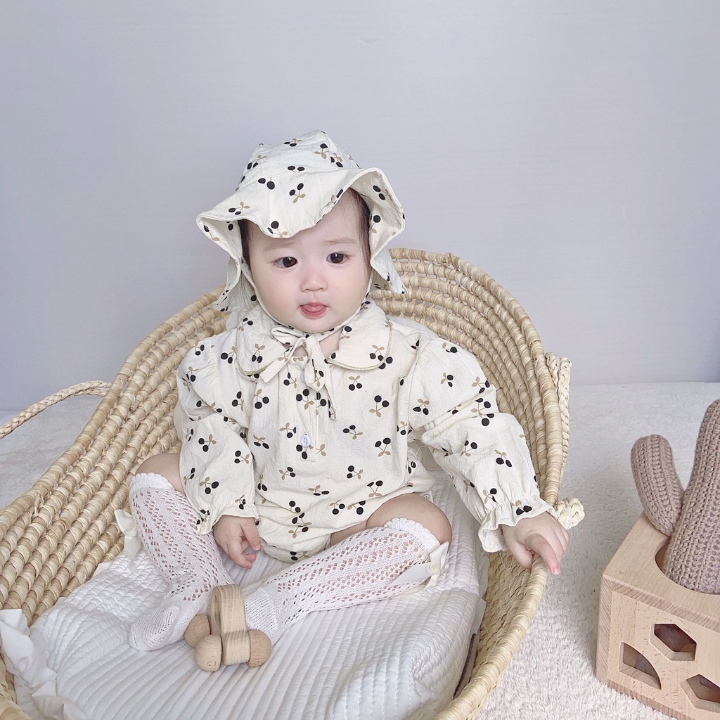 Christening Baby Clothes for Girl Cherry Onesies for Baby Girl Romper + Hat Long Sleeve Bodysuit Cotton Casual Infant Outfit for Birthday