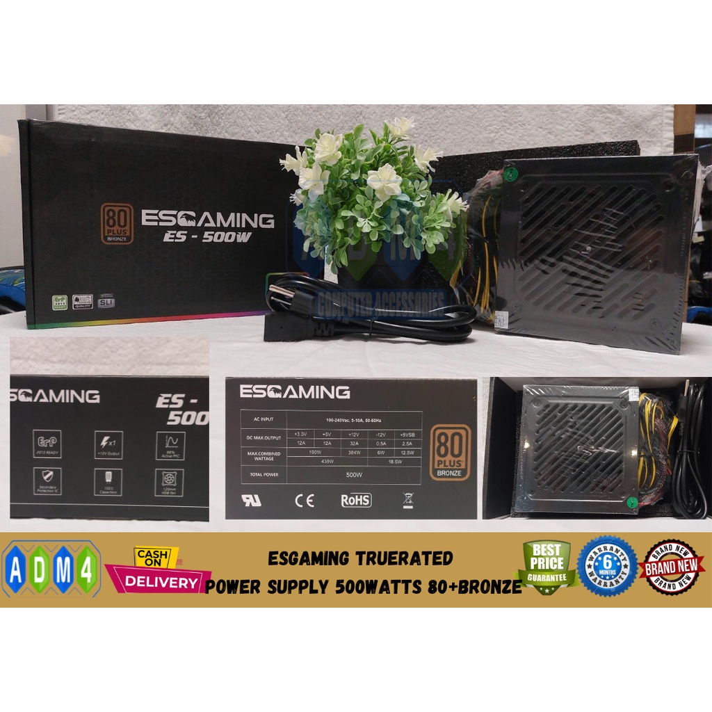 ESGaming True rated Power Supply 500Watts / 600Watts 80+Bronze for