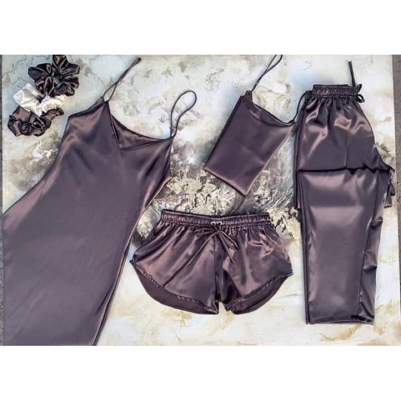 COD Silk Terno Set 4 in 1 sleepwear sando pajama shorts dress | Shopee ...