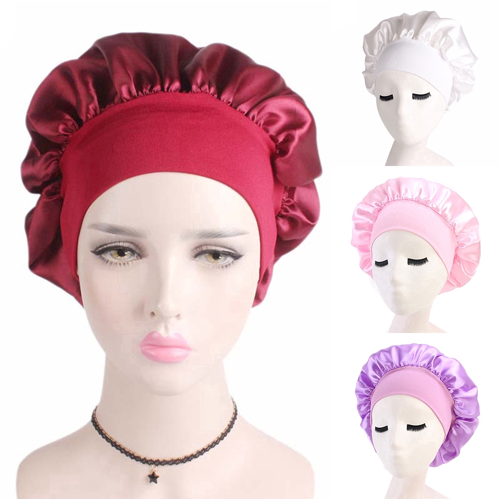 Women Soft Solid Wide-Brimmed Silk Sleep Cap, Bath Hair Care Elastic ...