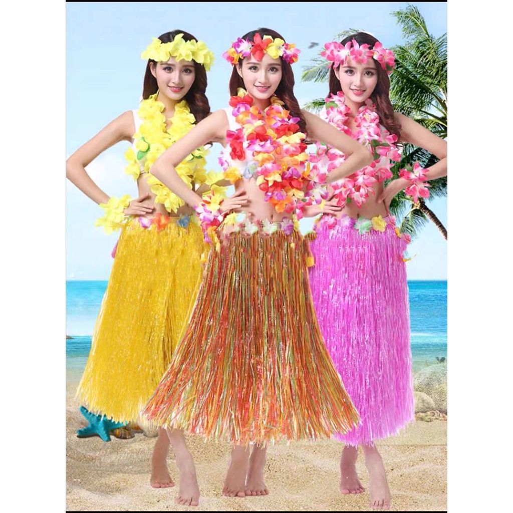 Hawaiian Hula Grass Skirt Fancy Dress Flower Long Hawaiian Tropical ...