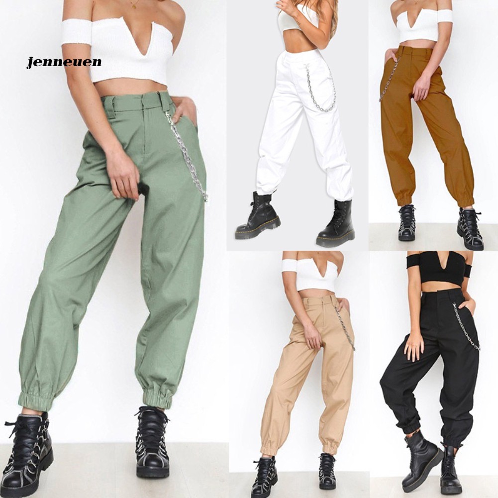 〖JNUN〗Casual Women Solid Color Sports Cargo Pants Loose Ankle Tie ...