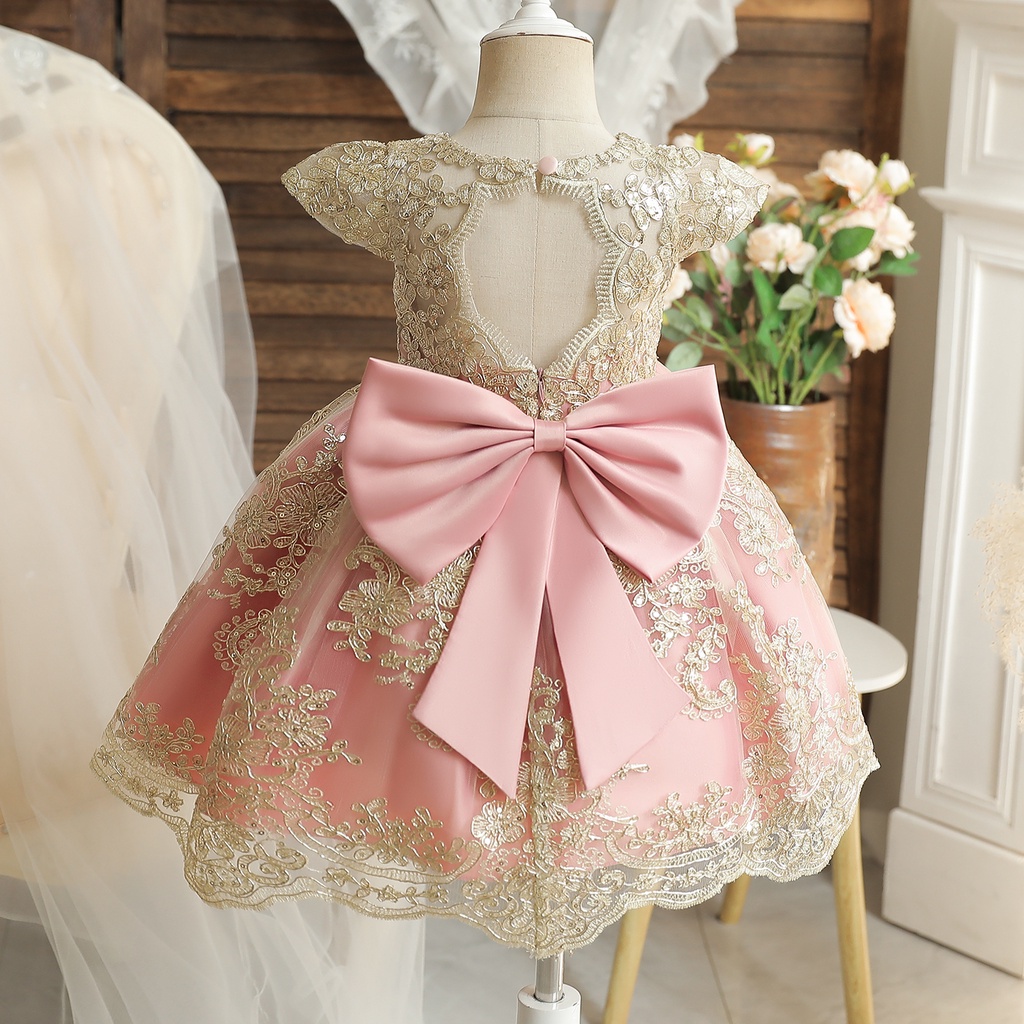 Fancy Kids Lace & Tulle Peplum Flower Girl Gold Dress w/ Floral Appliqué main image 0
