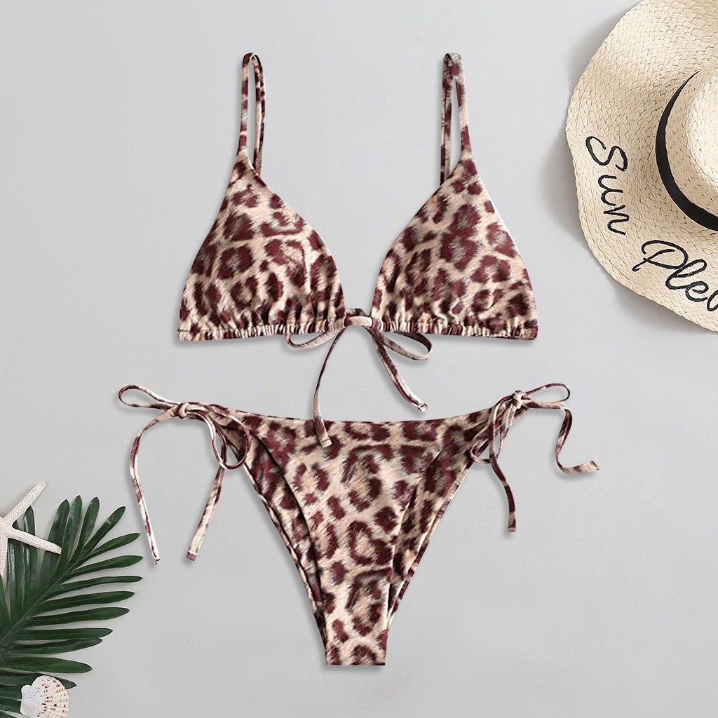 [Ladymiss] Women's Sexy Leopard Print Lace Up High Cut Leg Bikini Set