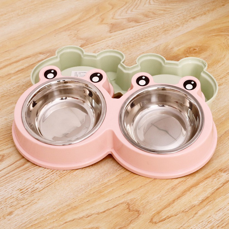 Frog Design Dog Stainless Bowl 2 in 1 Double Diners Dog Cat Feeder Water Food Double Bowls #3