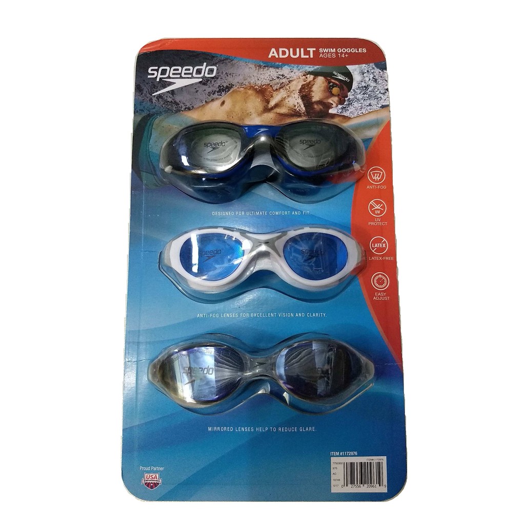 Speedo Adult Swim Goggles Anti-Fog UV Protect Latex Free 3 Pack