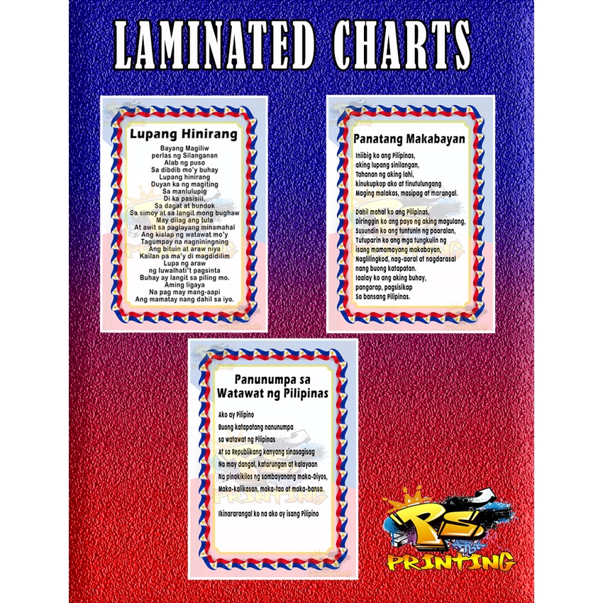 Laminated Educational Charts Lupang Hinirang Panunumpa Sa Watawat