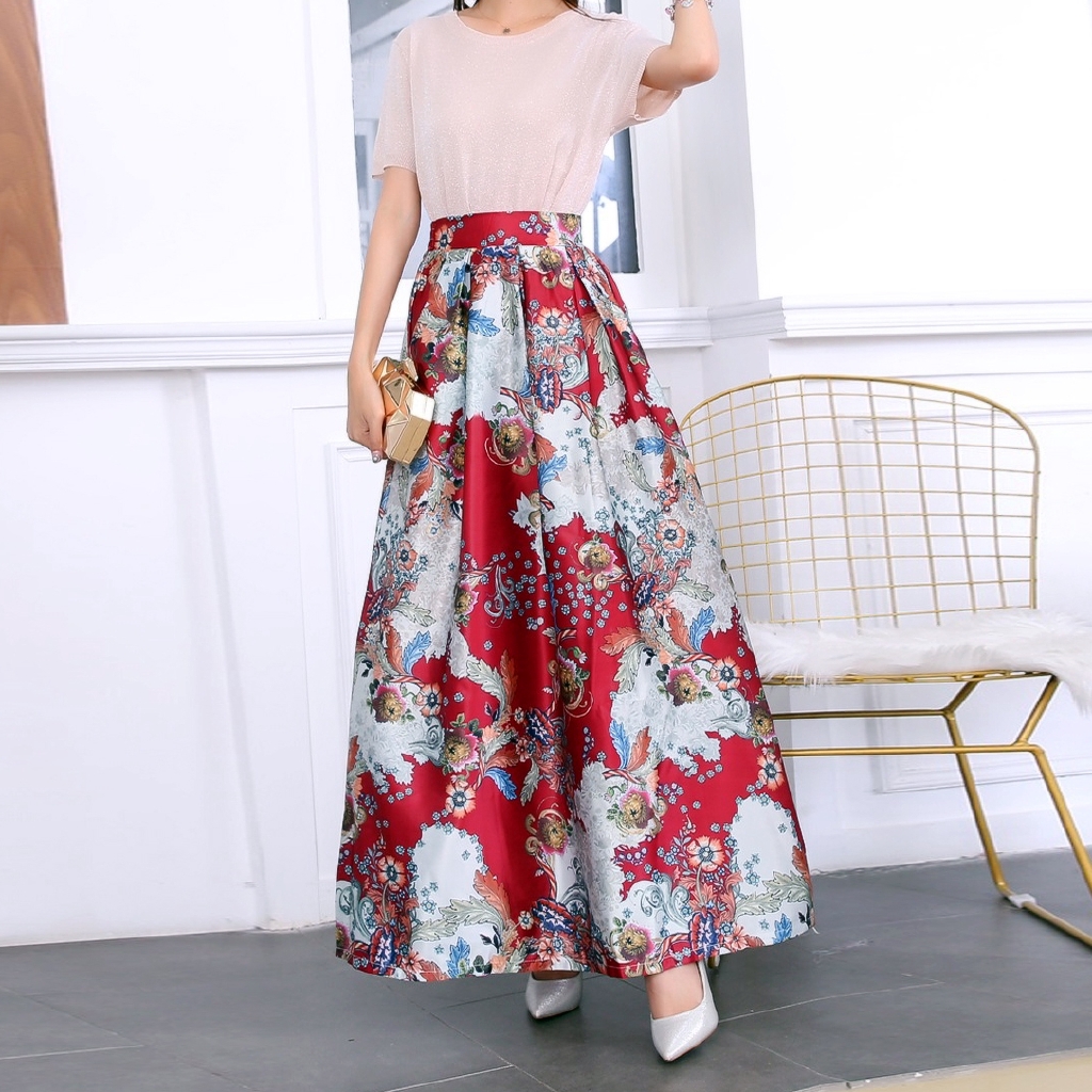 Long Fashion Girl Pleated Skirts Female High Waist Floral Print Satin Skirt Maxi Skirt Shopee Philippines