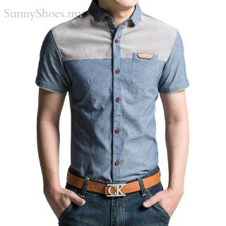 2021 Baju  Biru Denim Lelaki Kemeja Kasual Musim Panas 