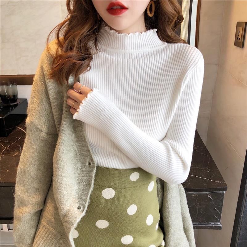 Autumn And Winter Korean Half Turtleneck Sweater Jacket Womens Long Sleeve  Set Head All-Match Knitted Sweater Woman White | Women Sweater Plus Size  Turtleneck Pullover Long Sleeve Knitted Winter Clothes Korean Top