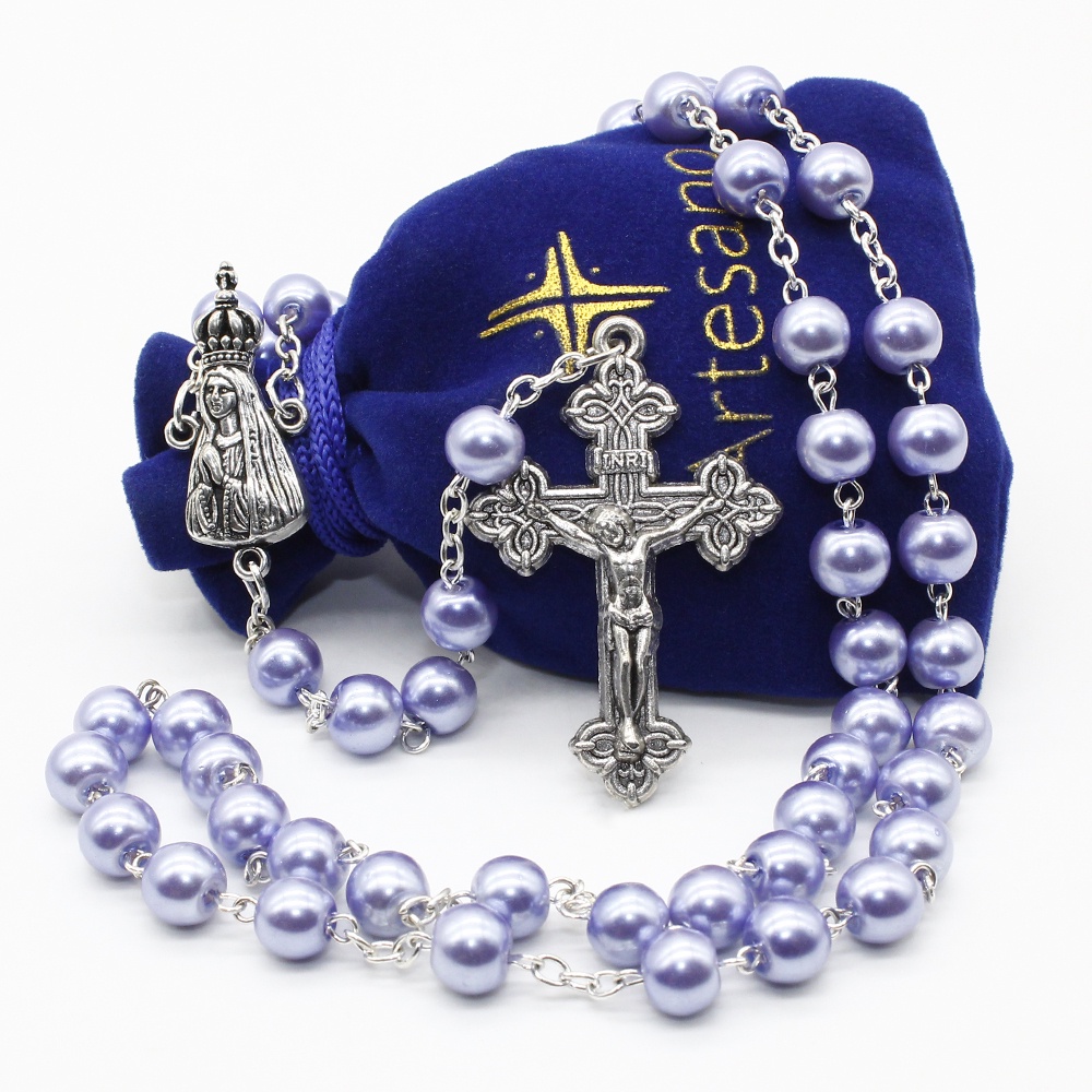 Our Lady of Fatima Glass Pearl Rosary Beads Catholic 5 Colors Velvet Pouch Artesano Gifts