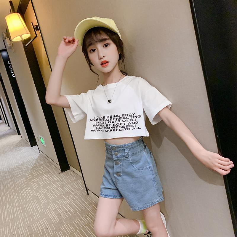 Girls Sets 21 Summer New Korean Version Of Fashionable Girls Short Tops Denim Shorts Two Piece Trend Shopee Philippines