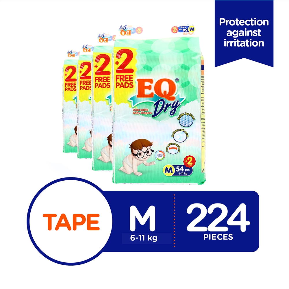 EQ Dry Jumbo Pack Medium 56's x 4 packs (224 pcs) Tape Baby Diapers