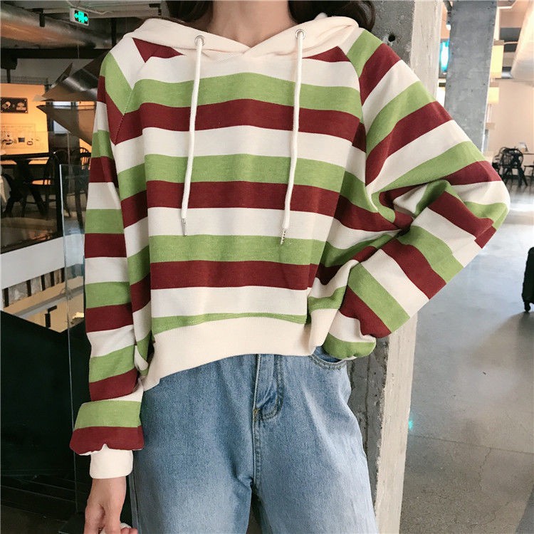 ✵☑Han edition loose cotton fleece female hooded stripe students ins tall waist coat boom autumn long sleeve short jacket ✵☑Han edition loose cotton fleece female hooded stripe students ins tall waist coat boom autumn long sleeve short jacket