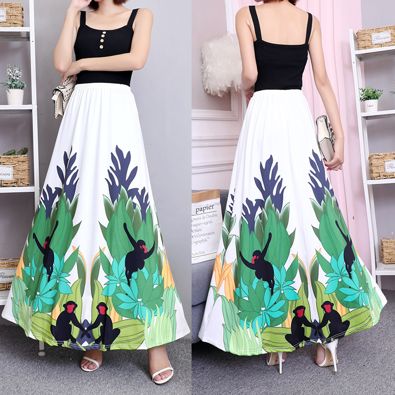 2020 New Pattern Fashion Women Elastic Waist Cartoon Print Long Skirts High Stretch Bohemian Maxi Skirt