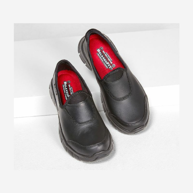 black leather slip on skechers