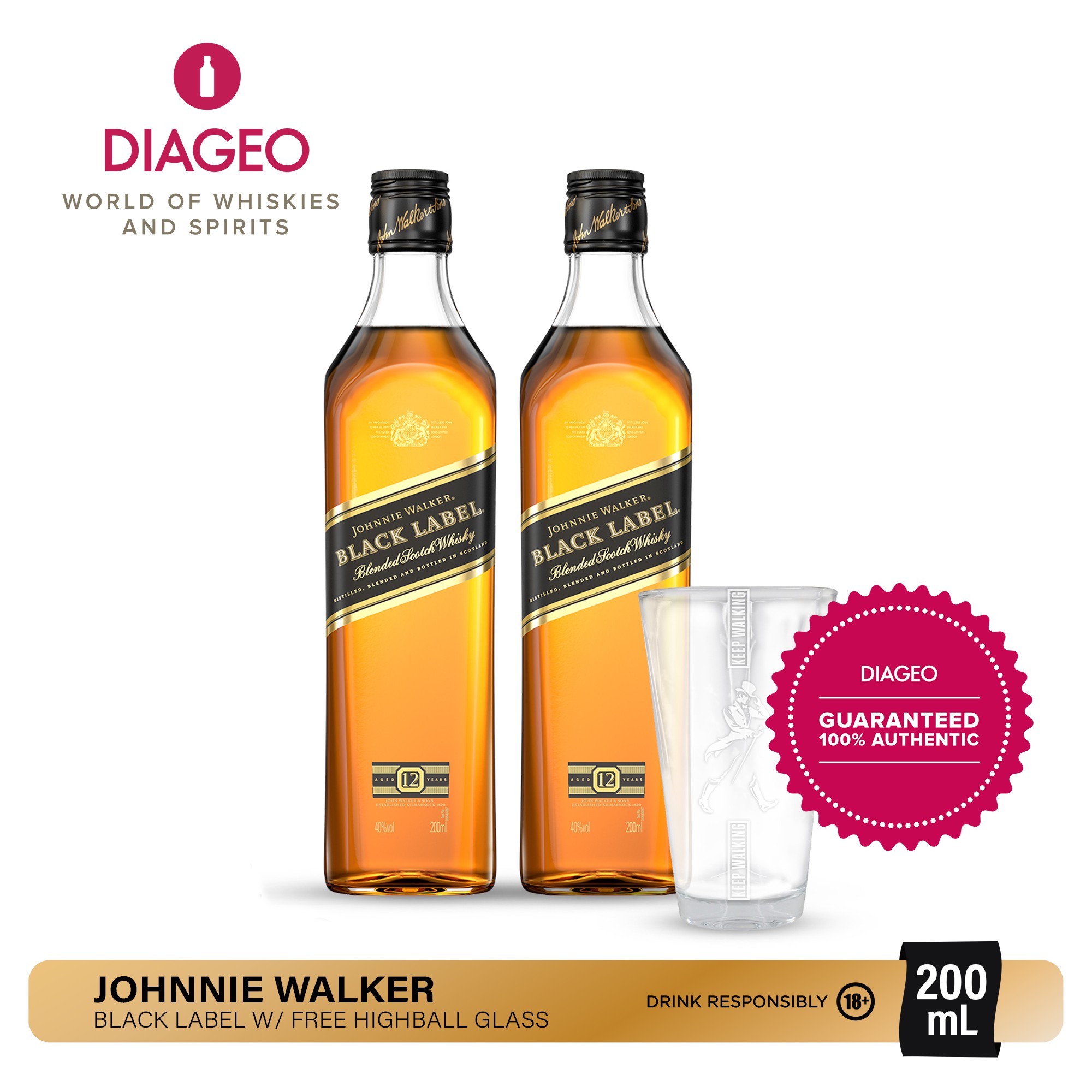 Johnnie Walker Black Label Blended Scotch Whisky 200ml Buy 2 Get Free Highball Glass Beecost 6142