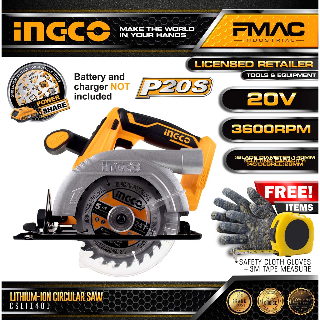 Ingco CSLI1401 20V LithiumIon Cordless Circular Saw P20S POWERSHARE