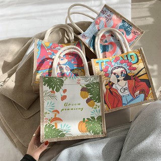 Japan design Abaca bag linen bag unisex graffiti logo printed handbag cute bag casual bag