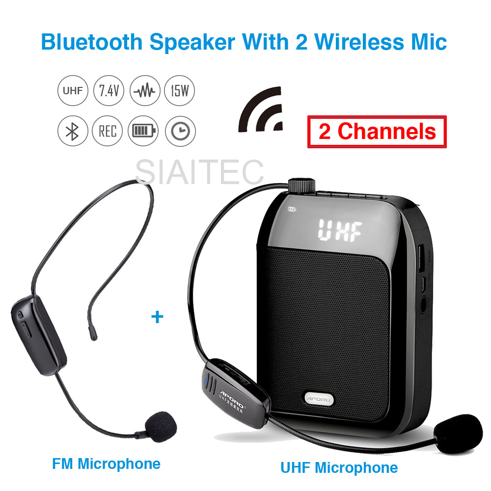 Black Bluetooth Speaker with 2 Wireless Microphones, Upgraded Lapel 15W Portable Loudspeaker