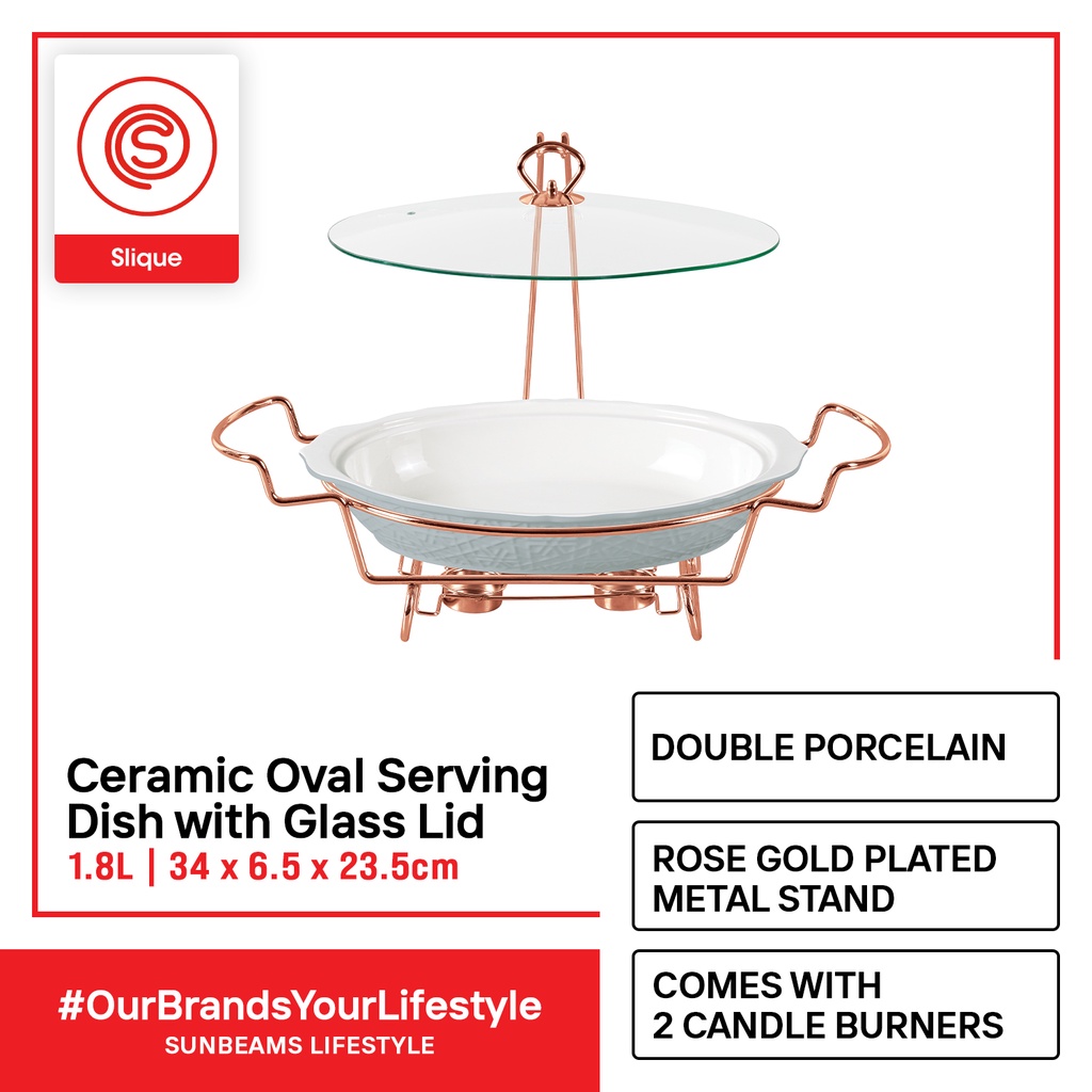 SLIQUE Ceramic Oval Serving Dish w/ Glass Lid and Metal Stand w