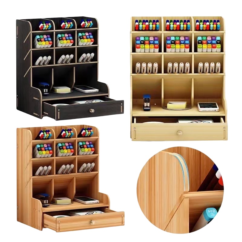 Multifunctional Wooden Desk Organizer Diy Pen Holder Box Home Office  Supplies Storage Shelf | Shopee Philippines