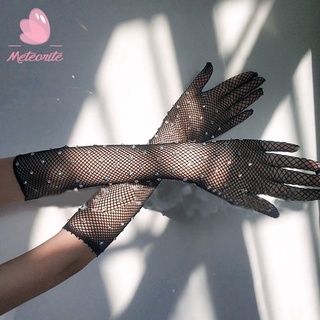 Punk Hiphop Hollow Flash Diamonds Fishnet Long Gloves/ Sexy Ultra-Thin Nightclub Stage Performance Full Finger Arm Sleeves