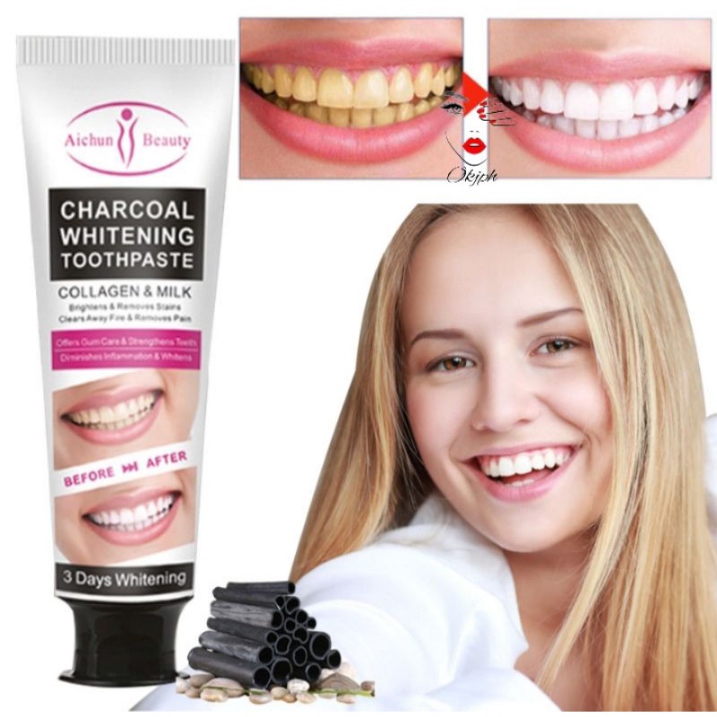 Charcoal Whitening Toothpaste Collagen & Milk Brightens & Remove Stains ...