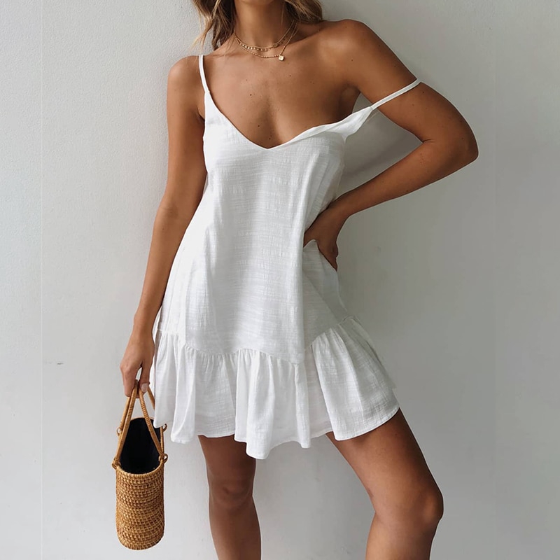 white cotton spaghetti strap dress