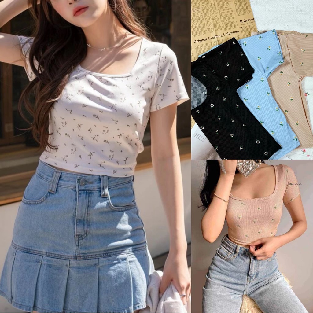 Angelcityn Knit square neck tops print semi crop tops Korean fashion ...