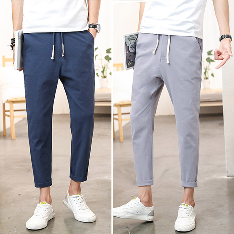 100% Cotton Men's Korean Pants Ankle Trouser Linen Straight Plain ...