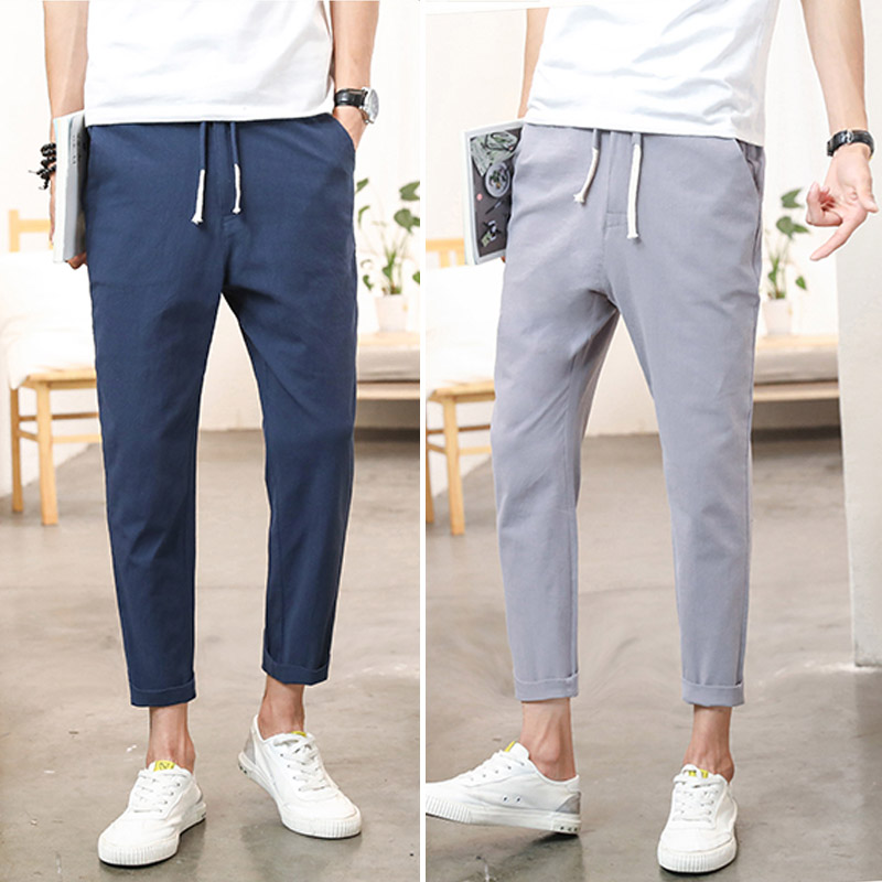 100 Cotton Men's Korean Pants Ankle Trouser Linen Straight Plain