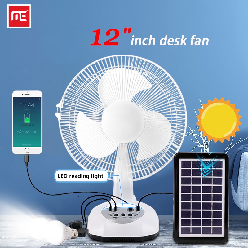 Solar Electric Fan 12Inch Rechargeable 2 Led Lights 220V Ac Desktop